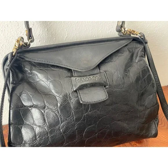 VTG Franco Godi Italia Black Crocodile Embossed Leather Satchel Style Handbag - Picture 6 of 16